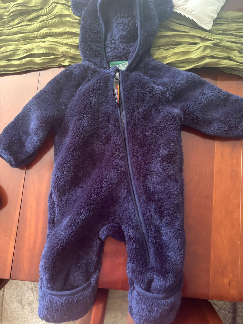 L.L. Bean Navy Plush Hooded Baby One-Piece Footie